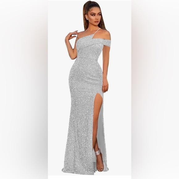 One Shoulder Silver Sequin Prom Dress Mermaid Long Formal - Picture 1 of 2